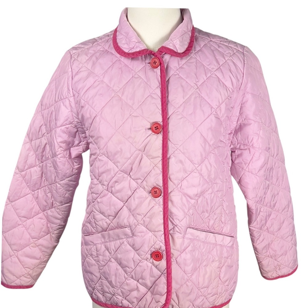 Lands End Kids Quilted Pink Jacket Contrast Corduroy Trim Size 14 Pockets Collar